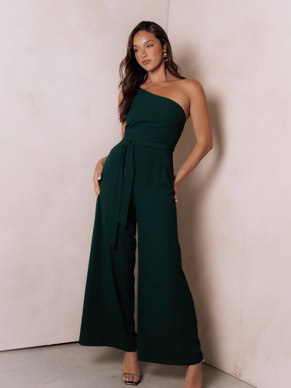 Petal & Pup One-Shoulder Dark Green Wide-Leg Jumpsuit